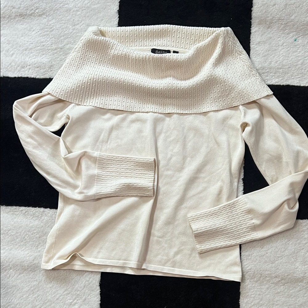 Peck & Peck Cream Off-Shoulder Fold-Over Sweater